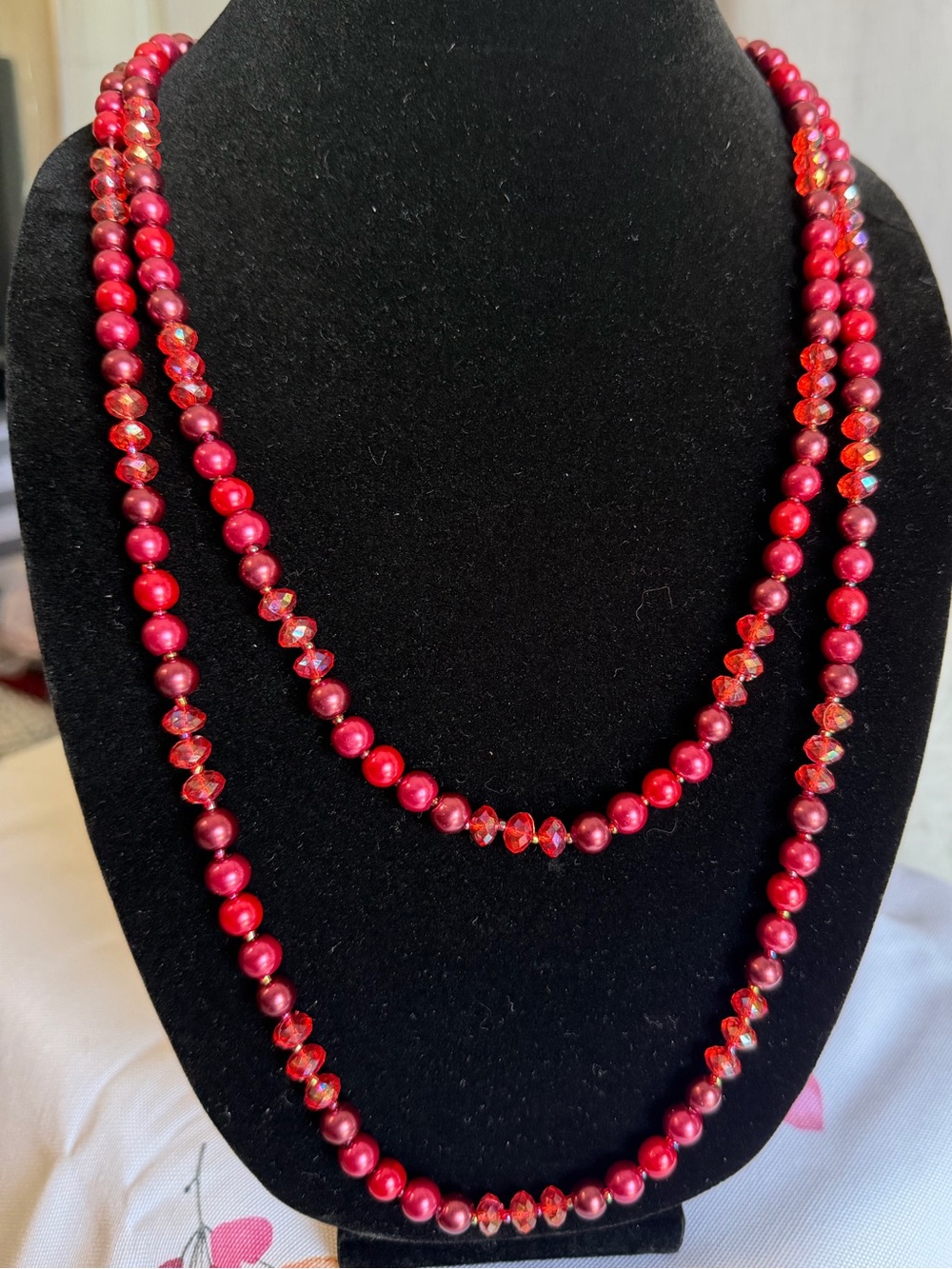 Stunning 2-in-1 Long Red Pearl & Crystal Bead Strand Necklace